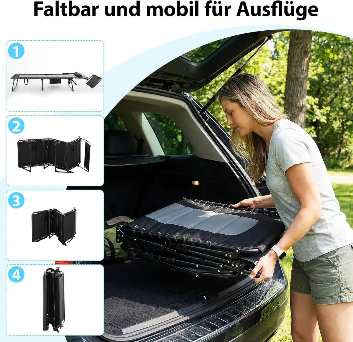 LIEGESTUHL klappbar 360° Sonnendach 5-fach Rückenlehne Seitentasche - Schwarz, Metall (66/35/199cm) - Kaket