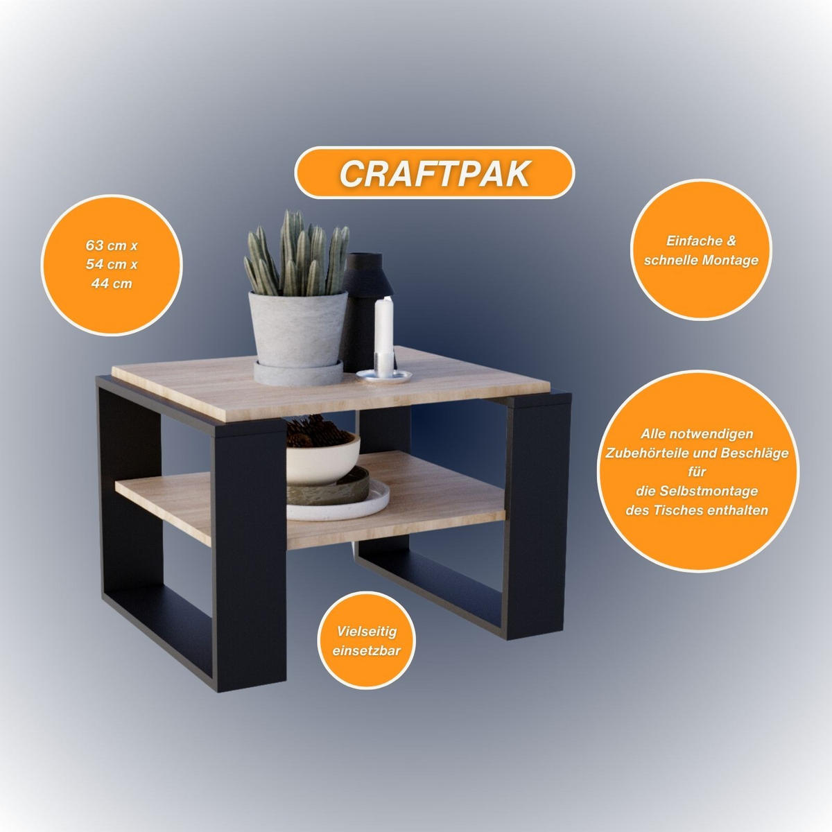 COUCHTISCH Holzwerkstoff rechteckig stabil Sonoma Eiche 44/54/63cm - Schwarz/Sonoma Eiche, Holzwerkstoff (54/63/44cm) - CraftPAK
