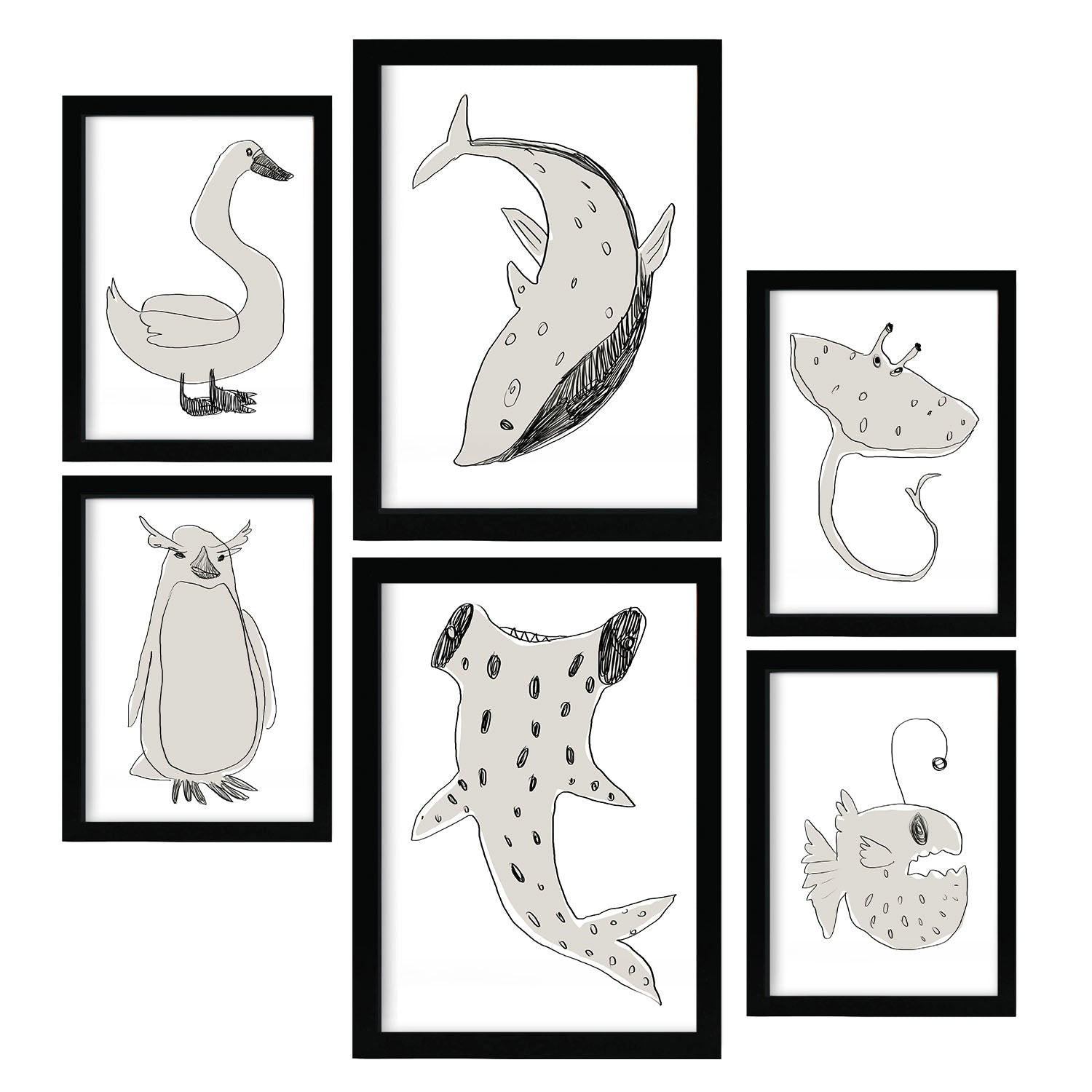 POSTER Set Mit 6 Sea Varmint In Tiere Abstracts Ästhetische Dekorative Gemälde Für Ihr Wohnzimmer, Schlafzimmer, Zuhause A3 & A4 Schwarzer Rahmen - Schwarz, Papier (29/3cm) - Nacnic