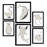 POSTER Set Mit 6 Sea Varmint In Tiere Abstracts Ästhetische Dekorative Gemälde Für Ihr Wohnzimmer, Schlafzimmer, Zuhause A3 & A4 Schwarzer Rahmen - Schwarz, Papier (29/3cm) - Nacnic
