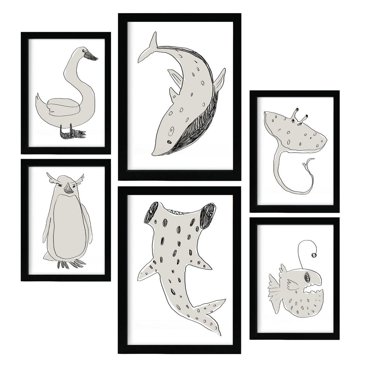 POSTER Set Mit 6 Sea Varmint In Tiere Abstracts Ästhetische Dekorative Gemälde Für Ihr Wohnzimmer, Schlafzimmer, Zuhause A3 & A4 Schwarzer Rahmen - Schwarz, Papier (29/3cm) - Nacnic