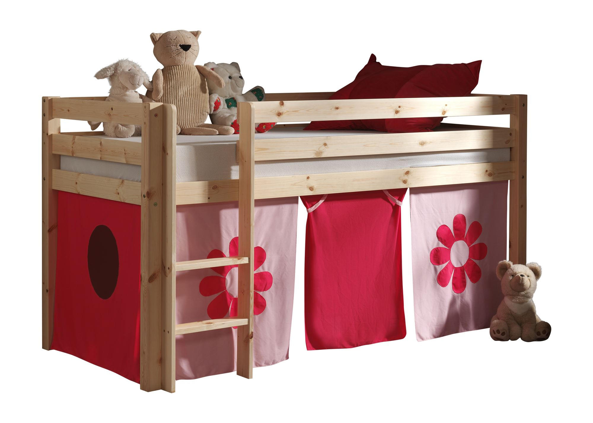 KINDERBETT Karolina 210x114x106 Massivholz Natur Textilset Flower - Pink/Kieferfarben, Holz (90/200cm) - 58aufmkessel