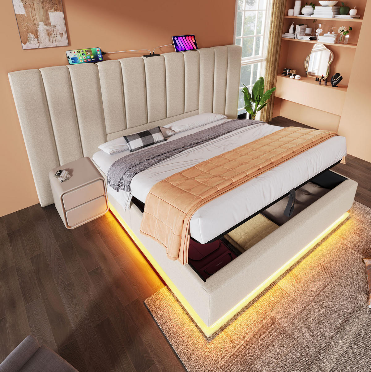POLSTERBETT mit Stauraum, LED & Ladefunktion 160x200 cm Leinen Beige - Beige, Metall (160/200cm) - Meubliv