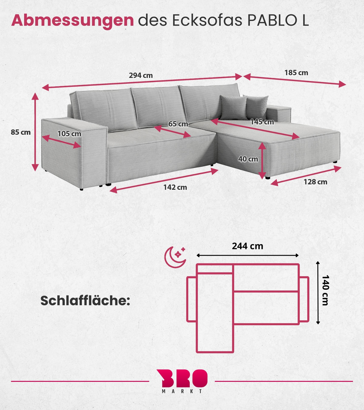 ECKSOFA Pablo mit Schlaffunktion Hellgrau Cord - Hellgrau, Textil (294/185cm) - Bromarkt