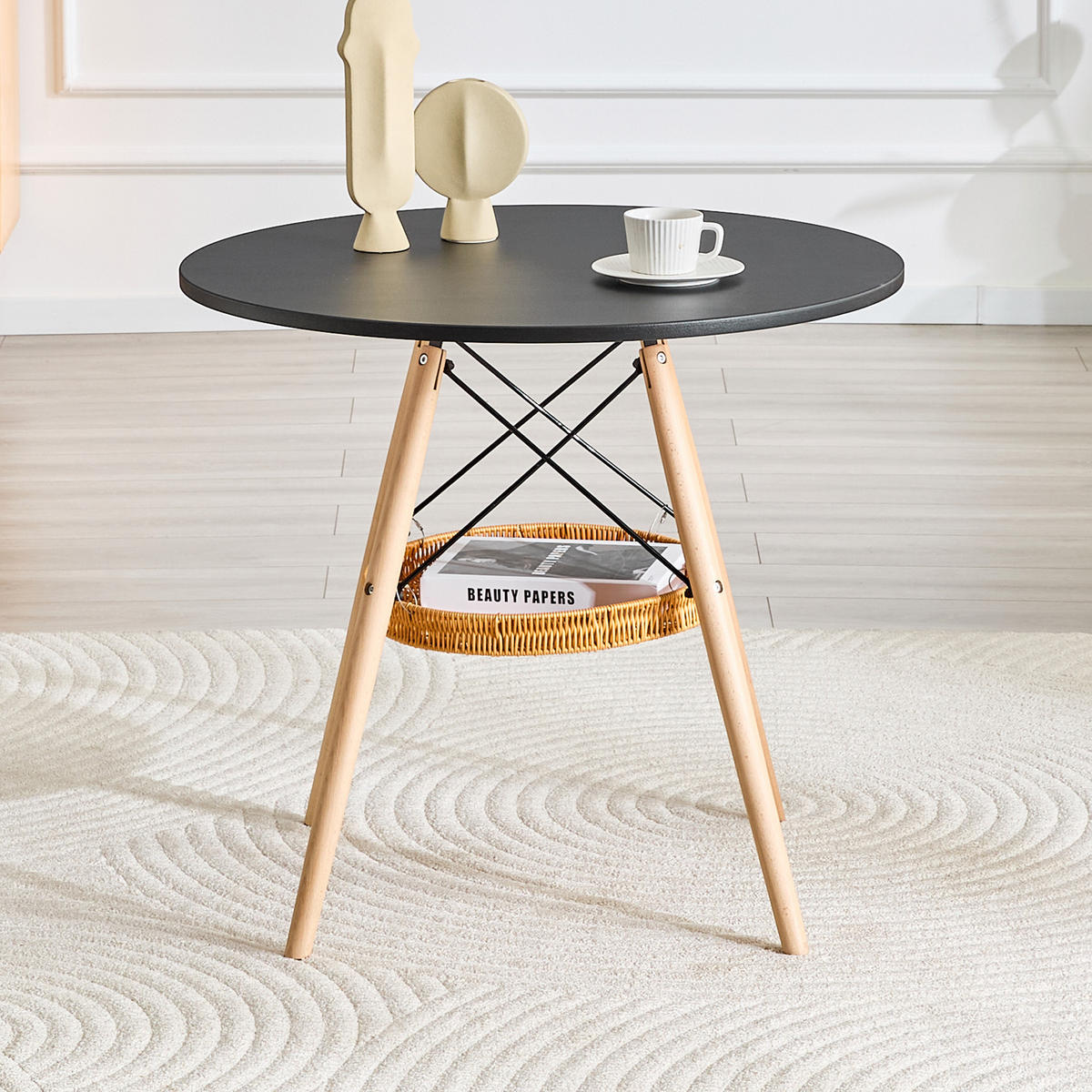 ESSTISCH in Naturfarben|Schwarz Küchentisch mit MDF-Tischplatte, Massivholzbeinen und geflochtener Ablage, B80/T80/H71.5cm - Schwarz/Naturfarben, Holzwerkstoff/Metall (80/80/71.5cm) - STILVORA