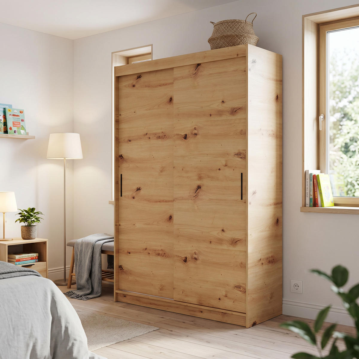 SCHWEBETÜRENSCHRANK TELA 100/205/60cm 2-türig mit Spiegel Eiche Artisan - Eiche Artisan, Holzwerkstoff (100/205/60cm) - MASSENO