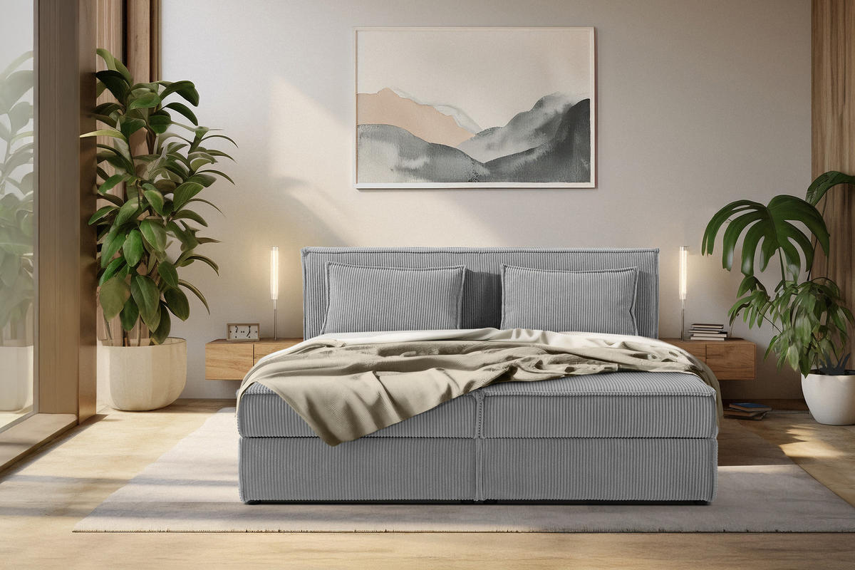 BOXSPRINGBETT ROTI mit Stauraum, hellgrau - Hellgrau/Schwarz, Holz/Holzwerkstoff (180/200cm) - KONSIMO®