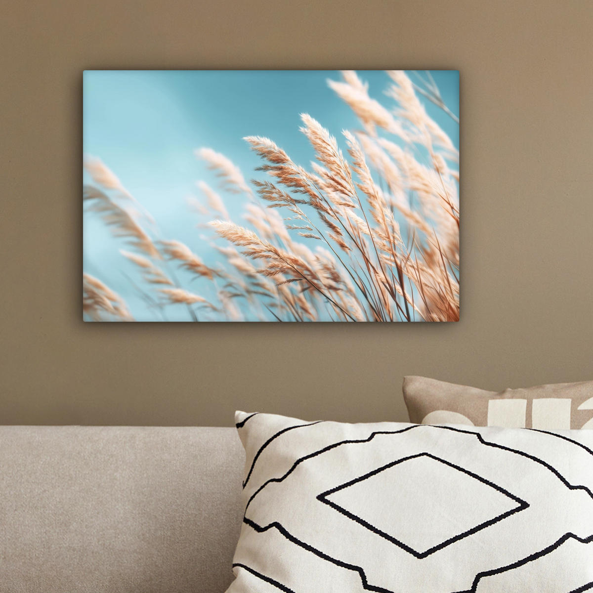 LEINWANDBILD Ziergras - Wind - Hellbraun Deko Schlafzimmer 30x20 cm - Hellblau, Textil (30/20cm) - MuchoWow