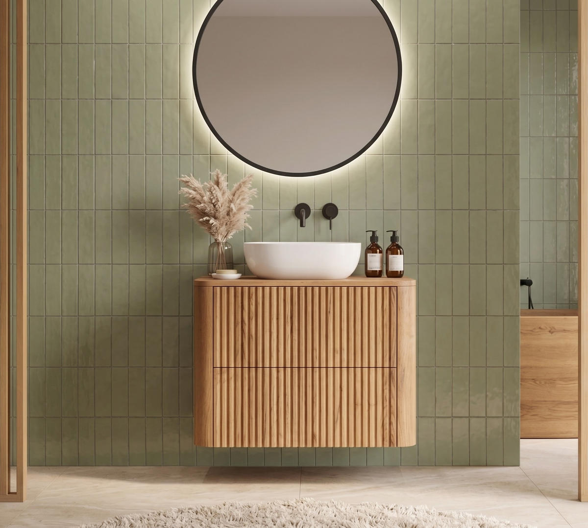 WASCHBECKENUNTERSCHRANK LINEA hängend geriffelt Eiche dunkelbraun mit Waschtischplatte 60/48/44 cm - Braun, Holzwerkstoff (60/48.4/43.7cm) - Rodan