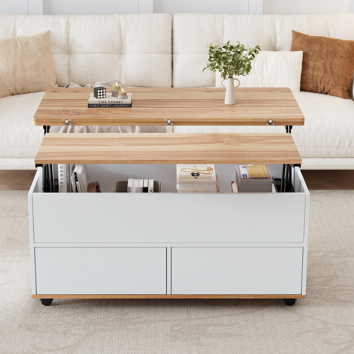 COUCHTISCH höhenverstellbar Weiß Naturholz 100x98x65cm mit Stauraum - Weiß, Holzwerkstoff (100/98/65cm) - FLIEKS