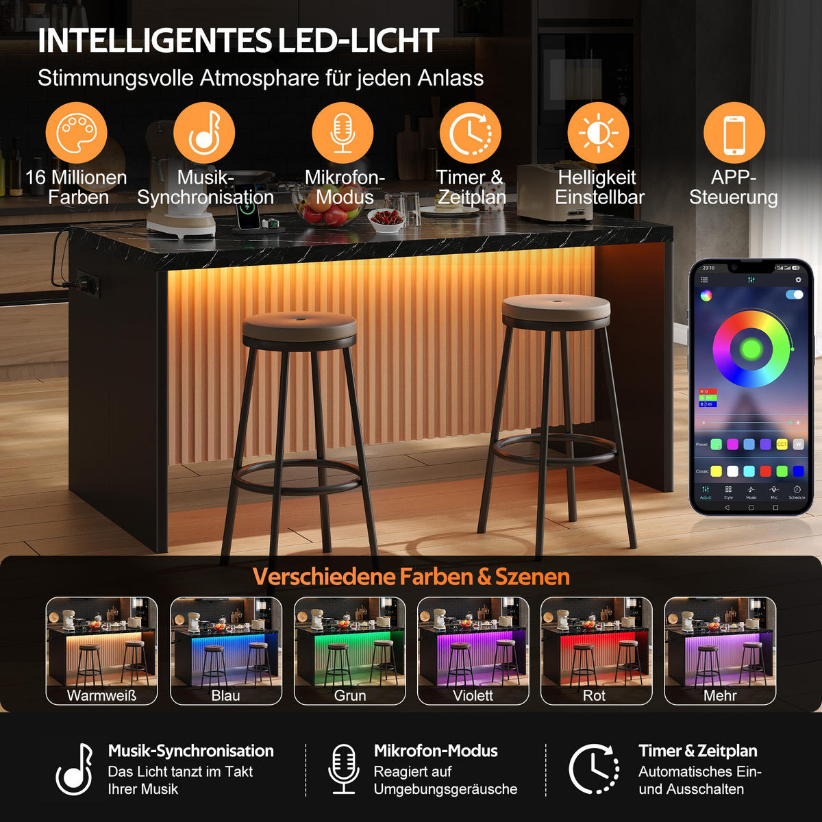 KÜCHENINSEL 155/80/90 cm Schwarz mit LED-Leuchten, 2 Steckdosen und 2 USB-Anschlüsse - Schwarz, Holz/Holzwerkstoff (80/90/155cm) - Oxeza