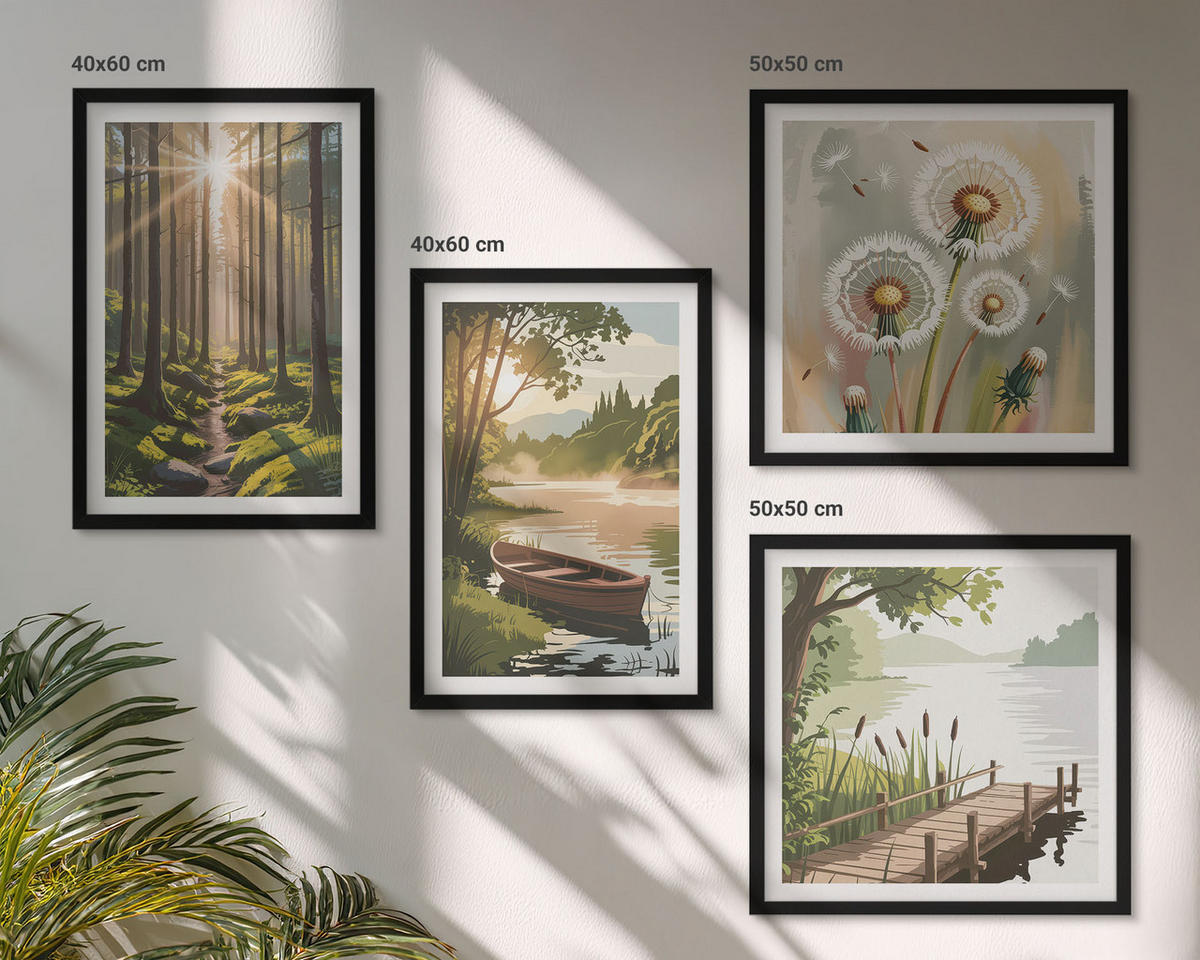 WANDBILDER 4er-Set - 50x50 cm & 40x60 cm Schwarzer Rahmen - Waldlandschaft, See Łódź - Schwarz, Kunststoff (50/50cm) - ArtPrintCave