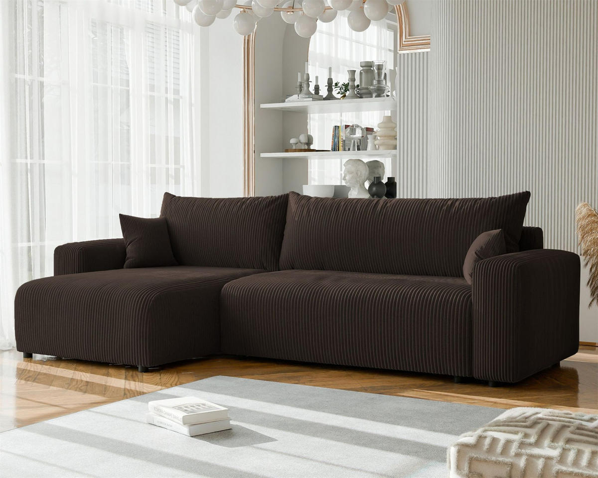 ECKSOFA Luna Max Mit Schlaffunktion - Dunkelbraun, Holzwerkstoff/Textil (278/145cm) - Fun Möbel