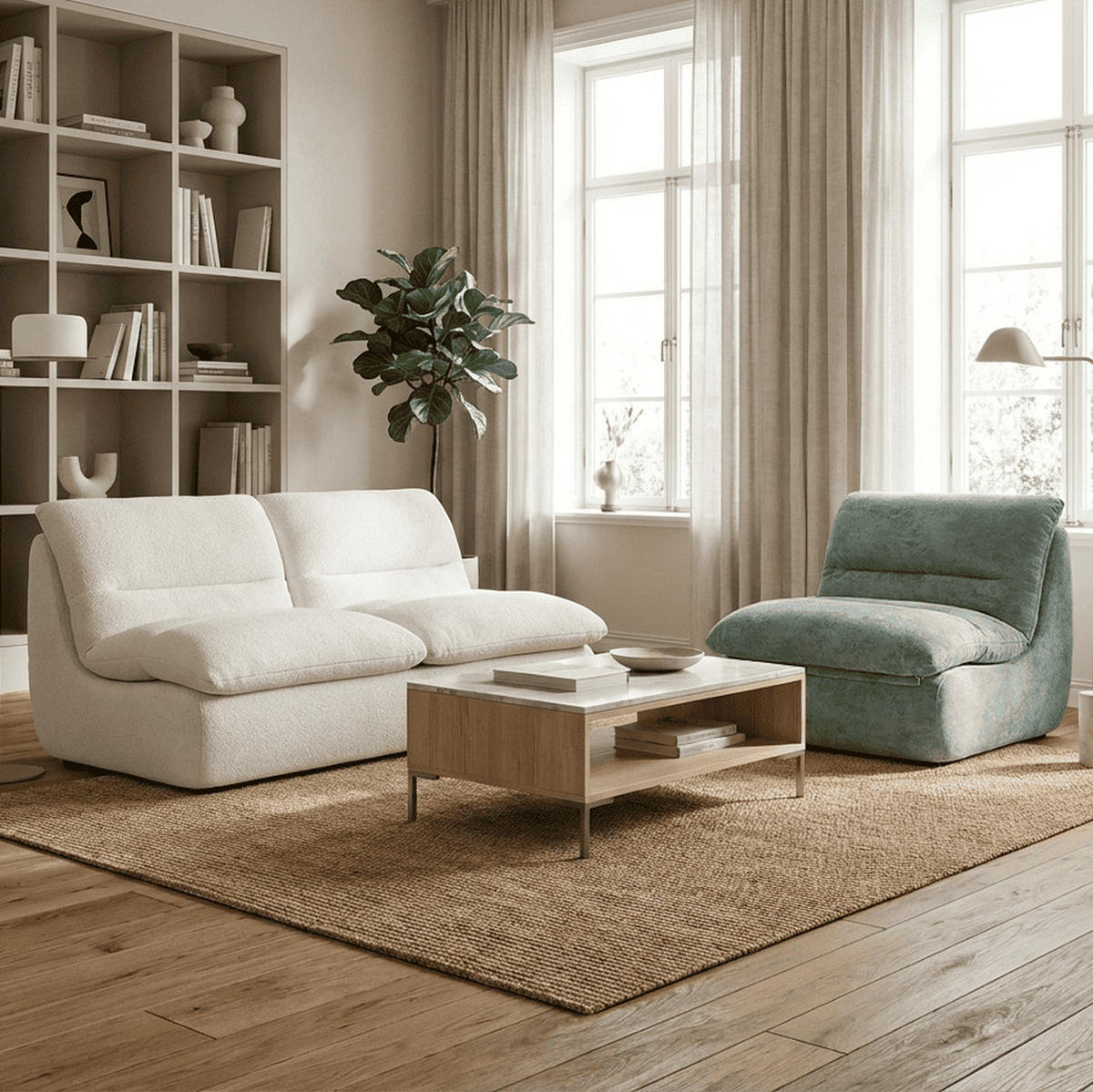 SITZGARNITUR Nuvia Sofa und Sessel Weiß und Salbei - Salbeigrün/Weiß, Textil (160/73/100cm) - COCO Living