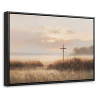 LEINWAND Bilder mit Rahmen - Gras - Morgennebel - Kreuz - Christentum - 30x20 - Beige, Textil (30/20cm) - MuchoWow