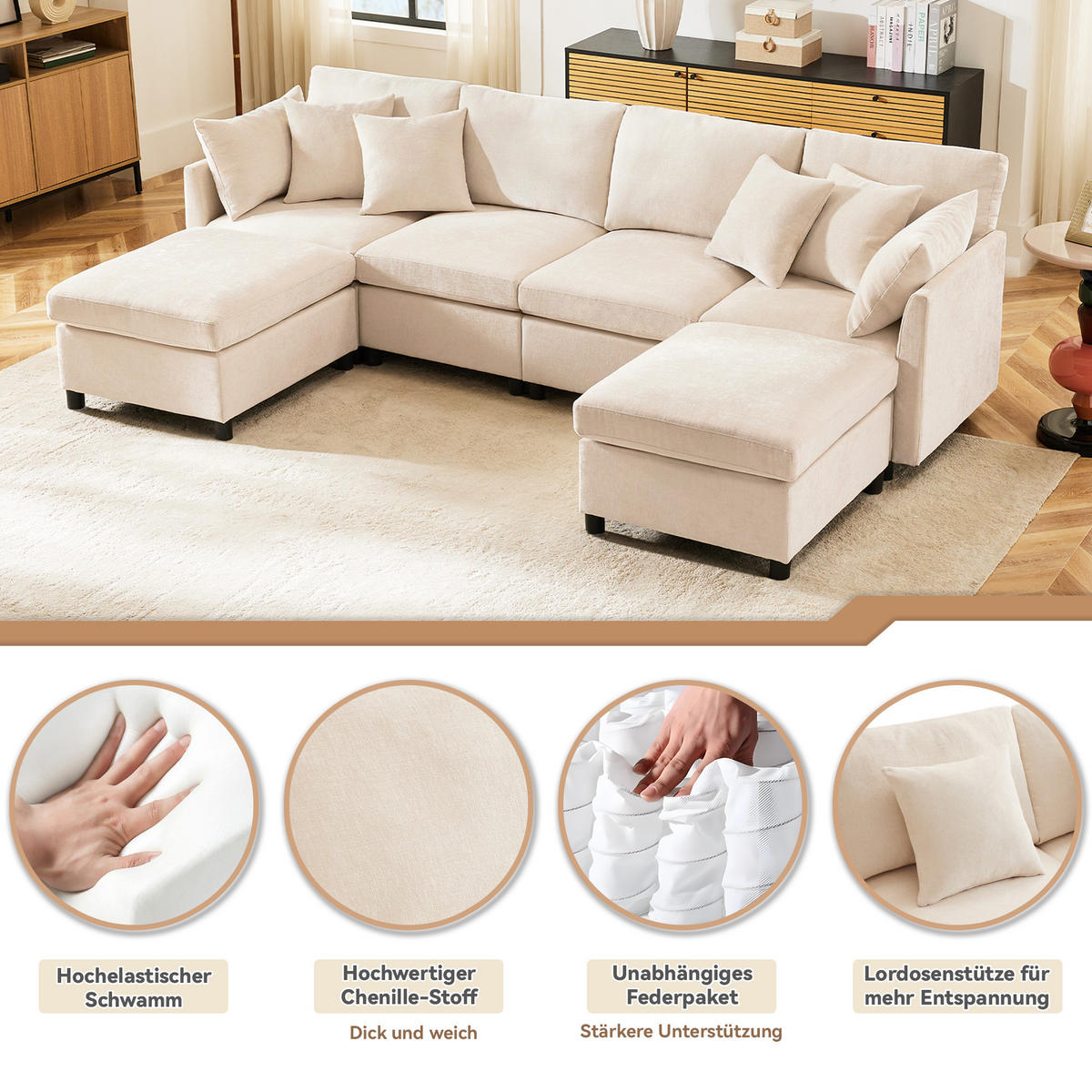 WOHNLANDSCHAFT 278/161/81 cm Beige mit 2 Fußhocker - Beige, Textil (278/81/161cm) - Oxeza