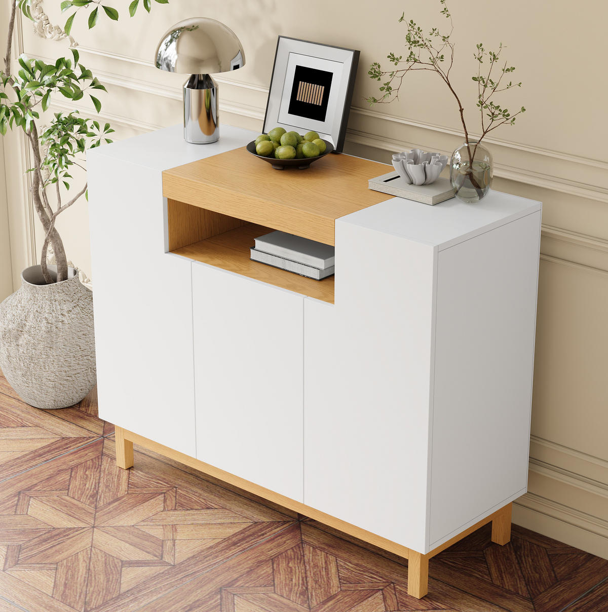 SIDEBOARD 120,5/42/96 cm mit 3 Türen, offenem Mittelfach und Stauraum aus Spanplatte, Weiß - Weiß, Holzwerkstoff (120.5/96/42cm) - Redom