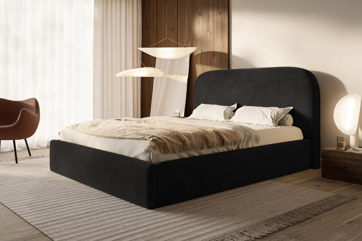 BETT 160x200 - Polsterbett mit Bettkasten und Holzrahmen - Modern Betten - Amor-Samtstoff - Kollektion Verona - Schwarz - Schwarz, Holz/Textil (160/200cm) - Alpi-Möbel