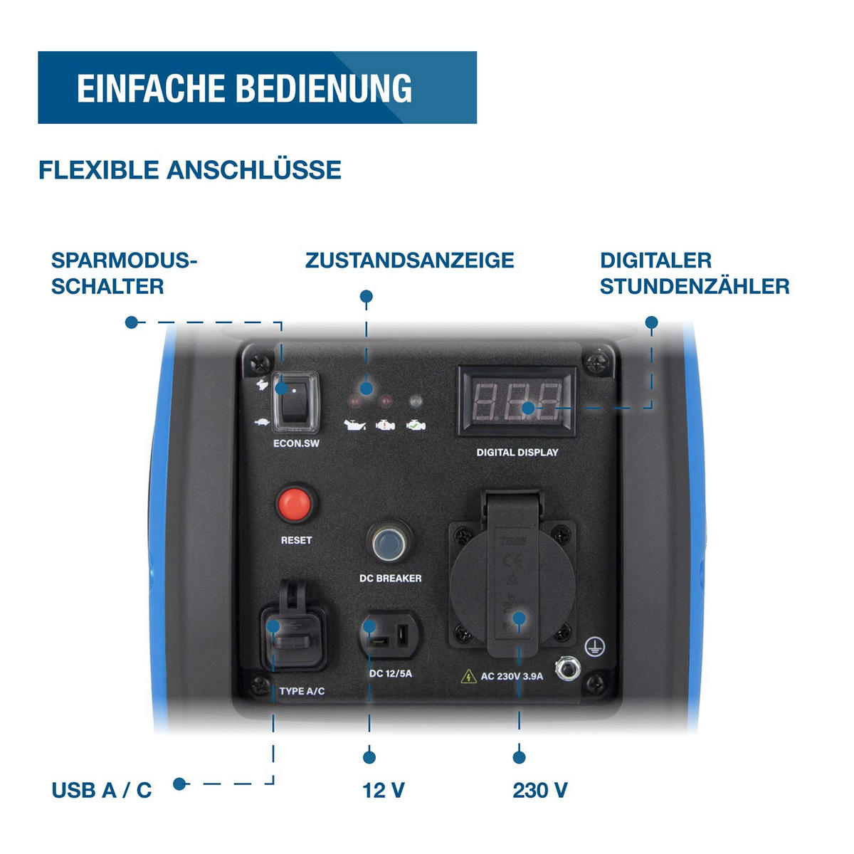 INVERTER-GENERATOR HY1000Si D (1 kW, tragbar, 1 x 230V + 1 x 12V, 1 x USB) - Blau, Kunststoff (44/47/23cm) - HYUNDAI