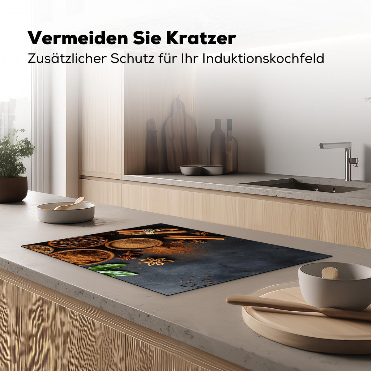 HERDABDECKPLATTE Zimt - Beton - Kaffee - Zimtstangen - Gewürze 75x52 cm - Mokka, Kunststoff (75/0.2/52cm) - MuchoWow