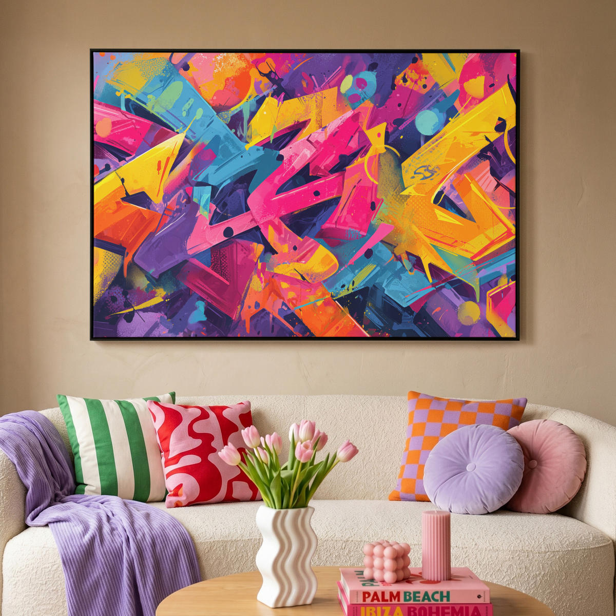 LEINWAND Bilder mit Rahmen - Abstrakt - Formen - Farbenfroh - 150x100 - Magenta, Textil (150/100cm) - MuchoWow