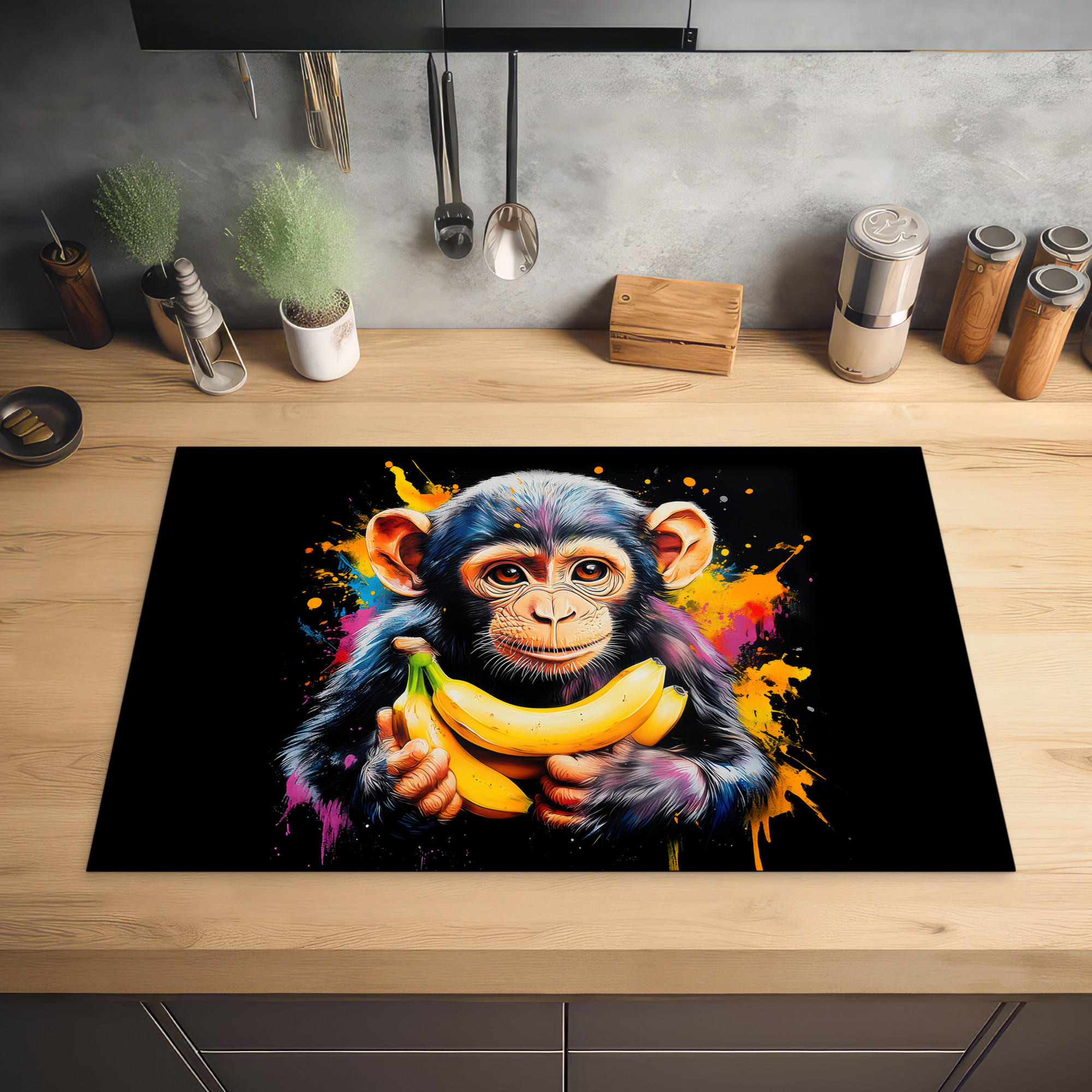HERDABDECKPLATTE Affe - Graffiti - Farbenfroh - Bananen - Modern 80x52 cm - Gelb, Kunststoff (80.2/0.2/52.2cm) - MuchoWow