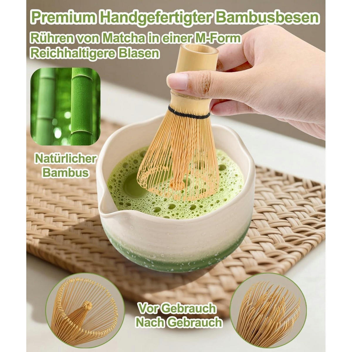 MATCHA Set 7-teiliges Set Bambus Besen Keramik Schale mit Ausgießer Grün Gradient - Grün, Keramik (15/10/15cm)