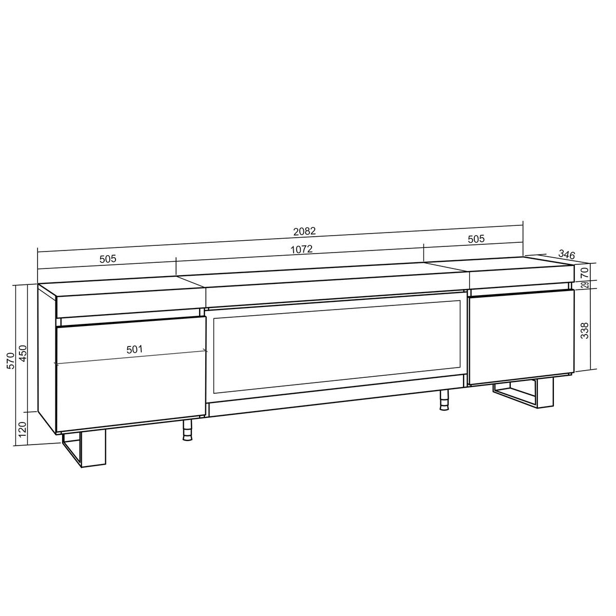 LOWBOARD, Tv-Schrank Elektrokamin XXL, eiche, schwarz, 208/35/57cm - Eichefarben/Multicolor, Holzwerkstoff (208/57/35cm) - Skraut Home