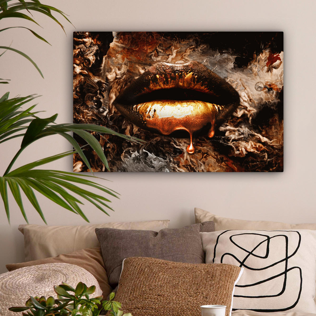 LEINWANDBILD Gold - Lippen - Kunst - Gold - Luxus - Abstrakt Wanddeko 90x60 cm - Kupferfarben, Textil (90/60cm) - MuchoWow