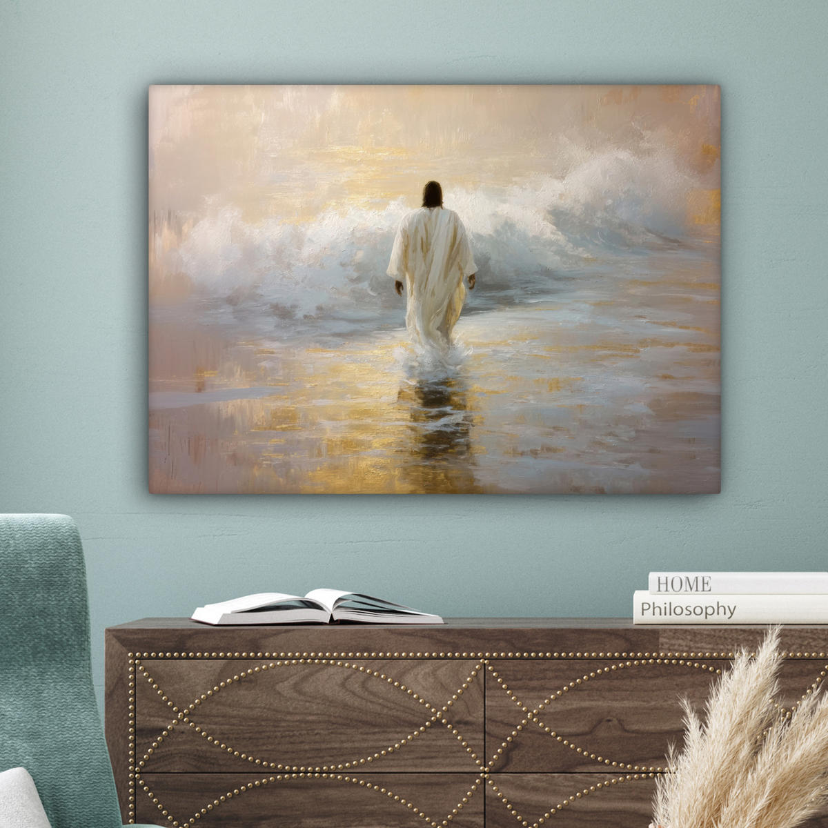 LEINWANDBILD Gemälde - Welle - Jesus - Abstrakt Wandbilder 80x60 cm - Goldfarben, Textil (80/60cm) - MuchoWow