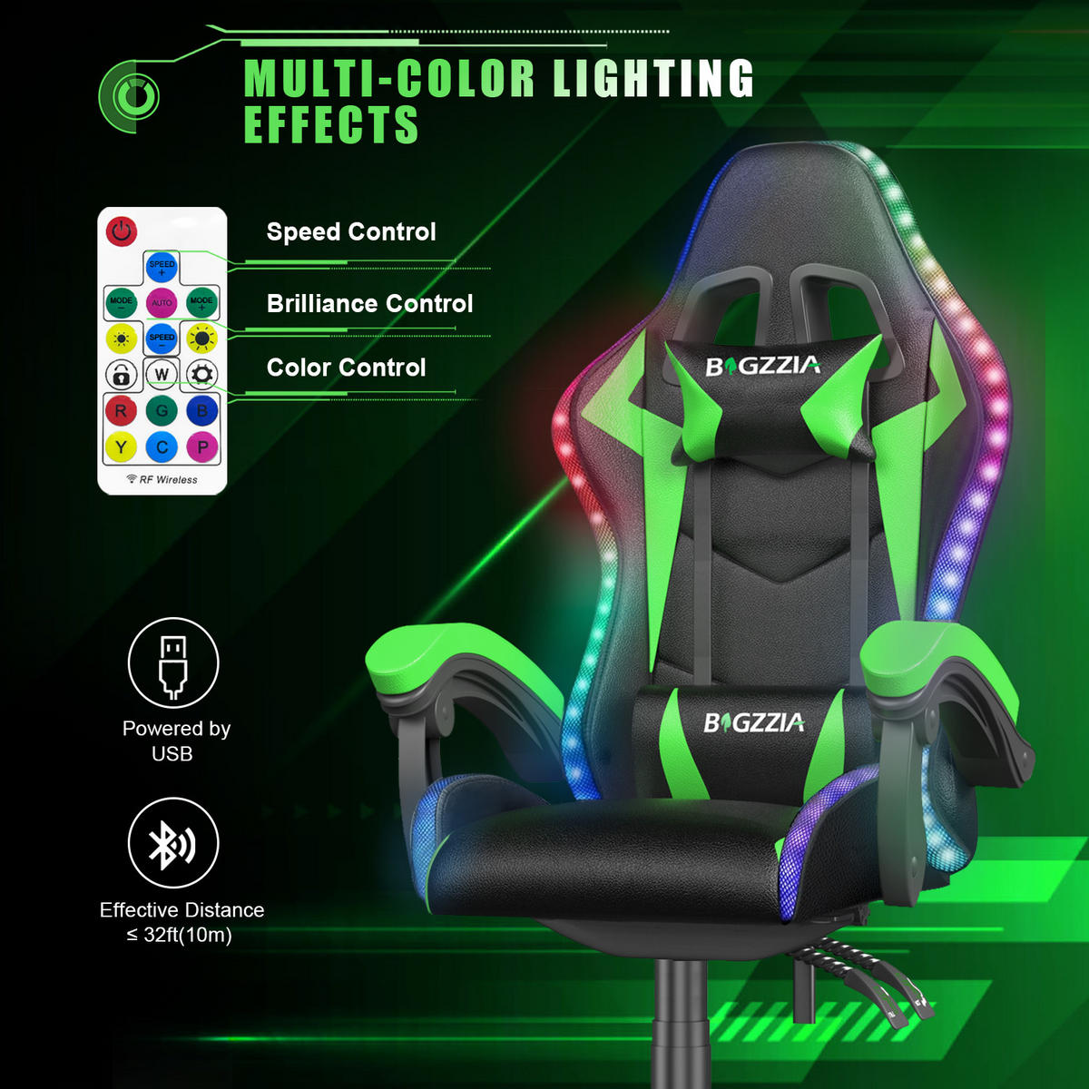 LED GAMING SZÉK Fekete-Zöld,Állítható Magasság,Deréktámasz,Fejtámasz - zelena, koža (53.5/117/54cm) - Rattantree