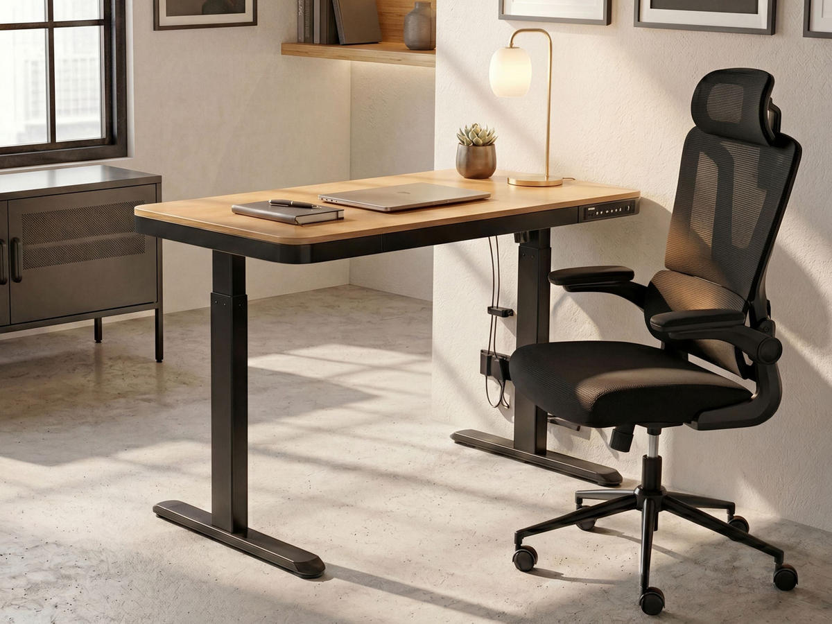 SCHREIBTISCH elektrisch höhenverstellbar 120/60 cm mit USB-Anschluss Schwarz/Hellbraun Penly - Hellbraun/Schwarz, Holzwerkstoff/Metall (60/120/70cm) - Beliani