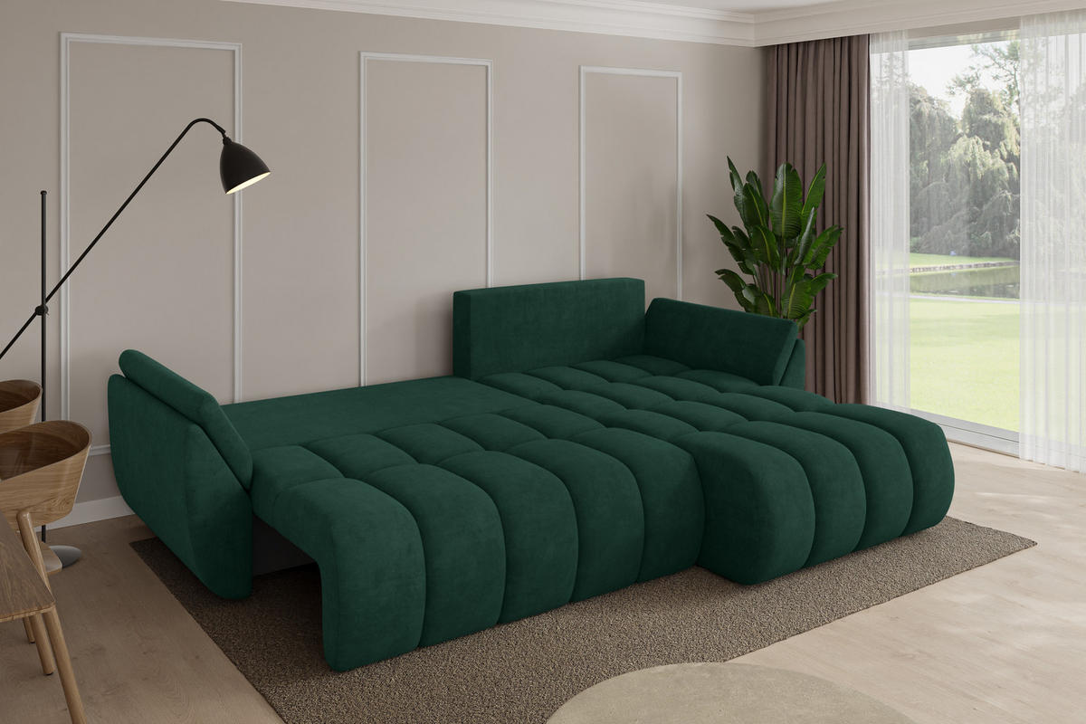 ROHOVÁ SEDAČKA s funkcí spaní, otoman vpravo TOKO-L-v1 277x194x86 zelená velur - černá/zelená barva, kompozitní dřevo/textil (277/194cm) - ALTDECOR