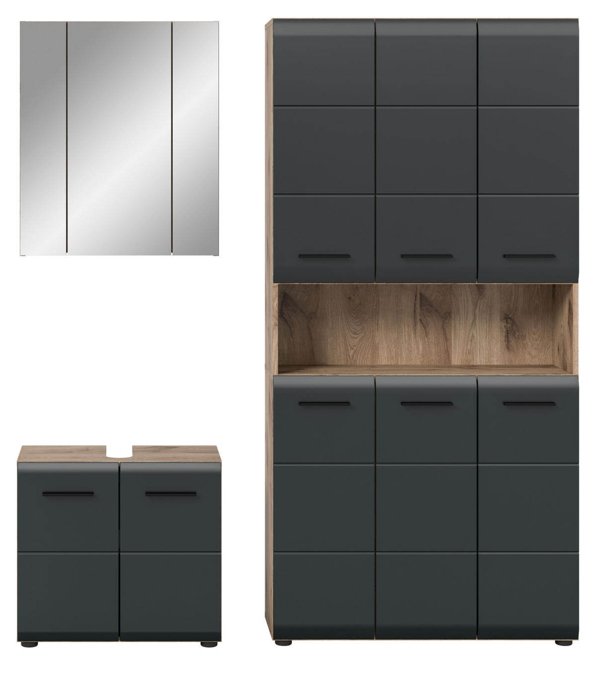 BADMÖBEL-SET schwarz matt, Nox Eiche 3-teilig, Komplettset mit viel Stauraum - Eichefarben/Schwarz, Glas/Holzwerkstoff (165/185/30cm) - Inn.Furn