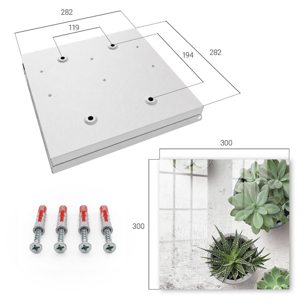 SCHLÜSSELBOX Weiß 30x30 cm – Türöffnung nach rechts - Grüne Sukkulenten - Grün, Metall (30/30/5cm) - TULUP