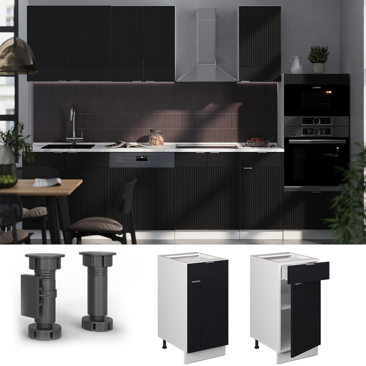 KÜCHENUNTERSCHRANK Fame-Line, Schwarz gestreift, 40 cm, AP Anthrazit - Schwarz/Weiß, Holzwerkstoff (40/82/60cm) - Vicco