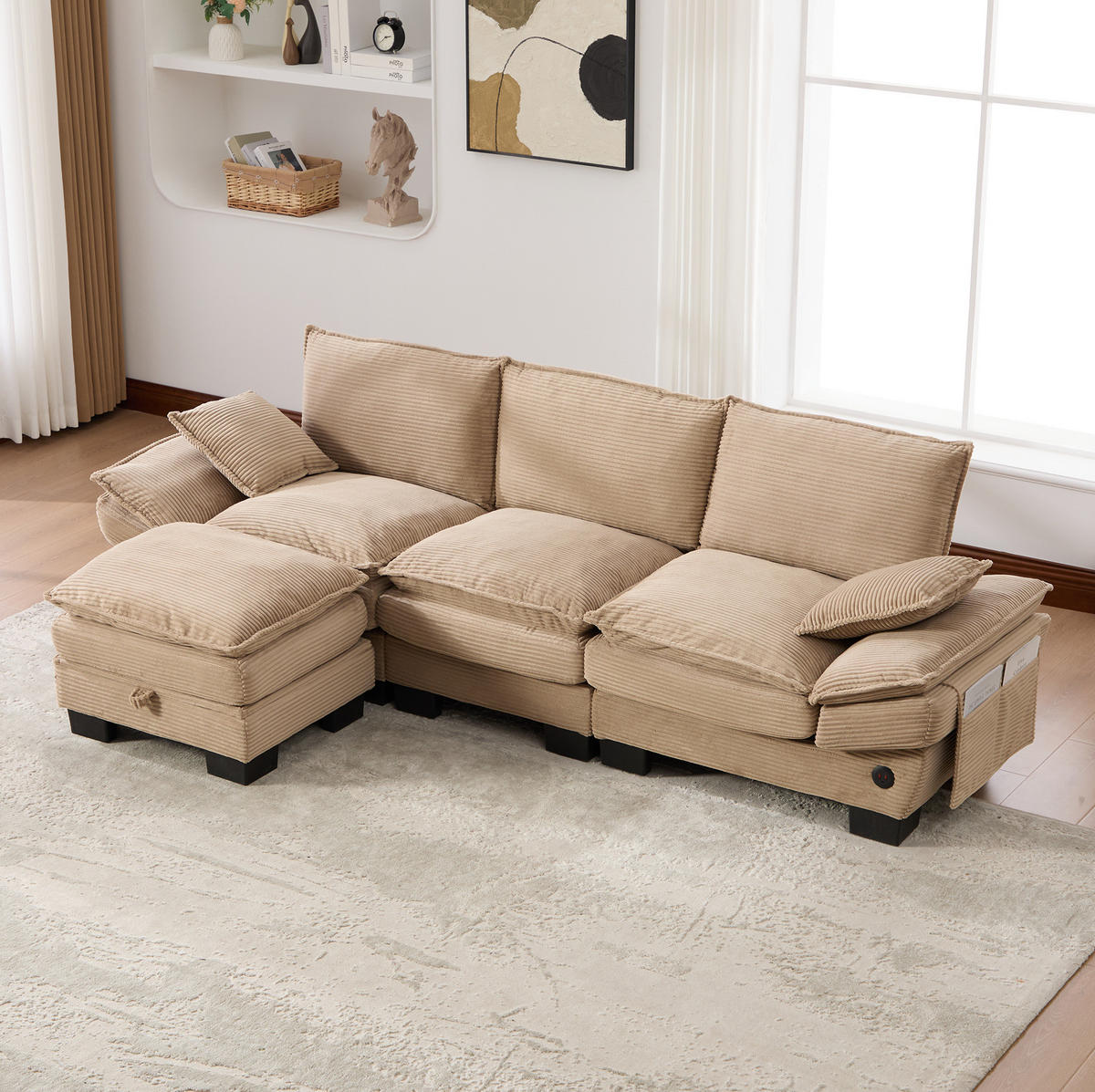 MODULÁRNÍ 3místná pohovka z manšestru 260x132x84 cm khaki s taburetem, USB-C portem a bočními kapsami - béžová, textil (132/260cm) - Modfu