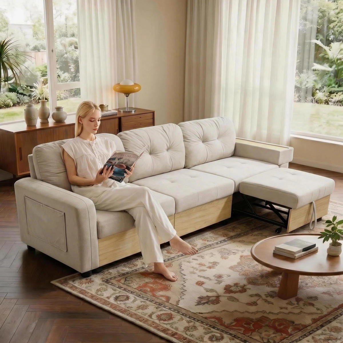 ECKSOFA 228/80/78 cm beige aus Samt mit Stauraum und USB - Beige, Textil (80/228cm) - OKWISH