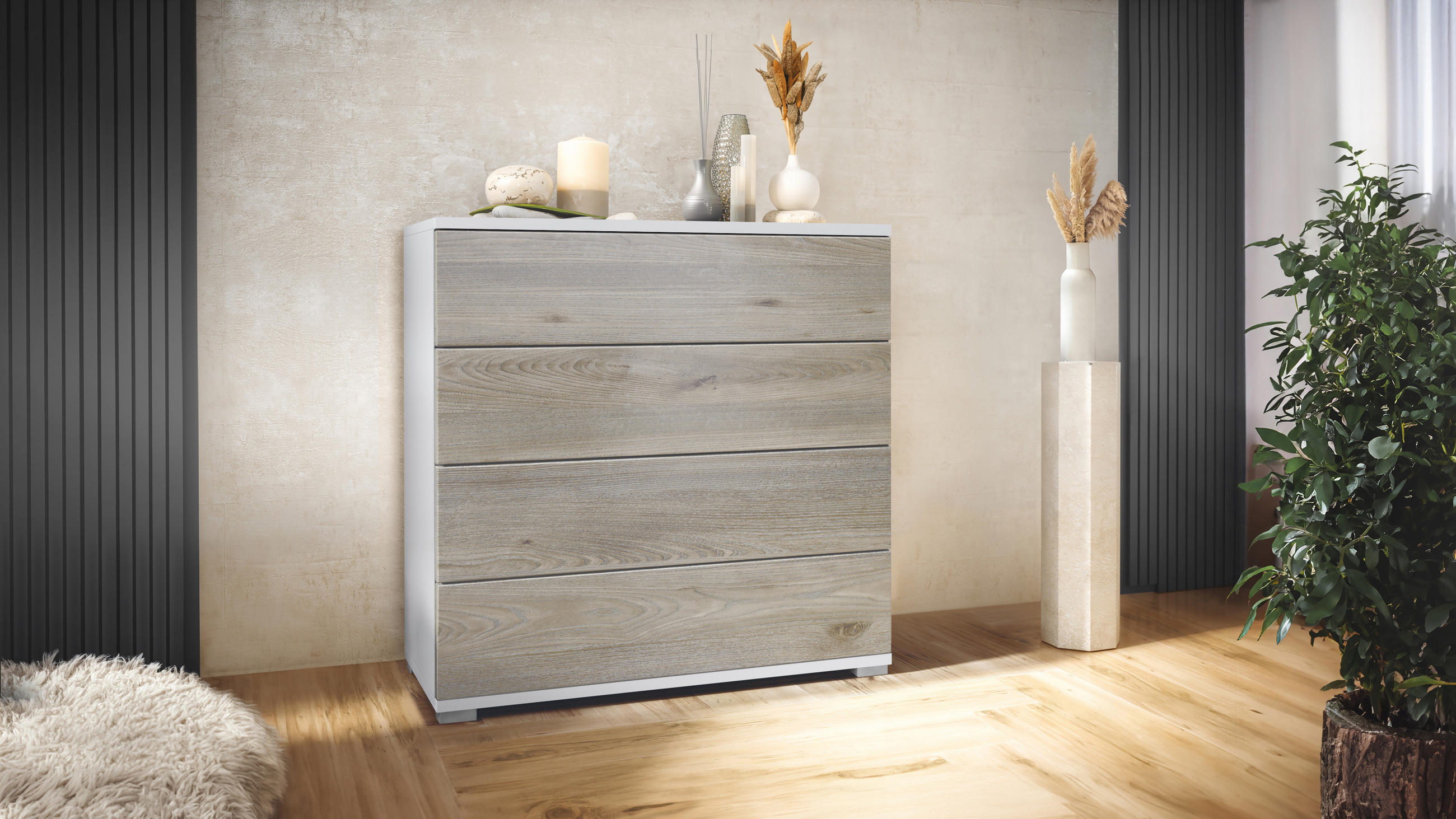 KOMMODE Pavos Eiche Nordic - Silbereichenfarben, Holzwerkstoff (76/76/35cm) - Vladon