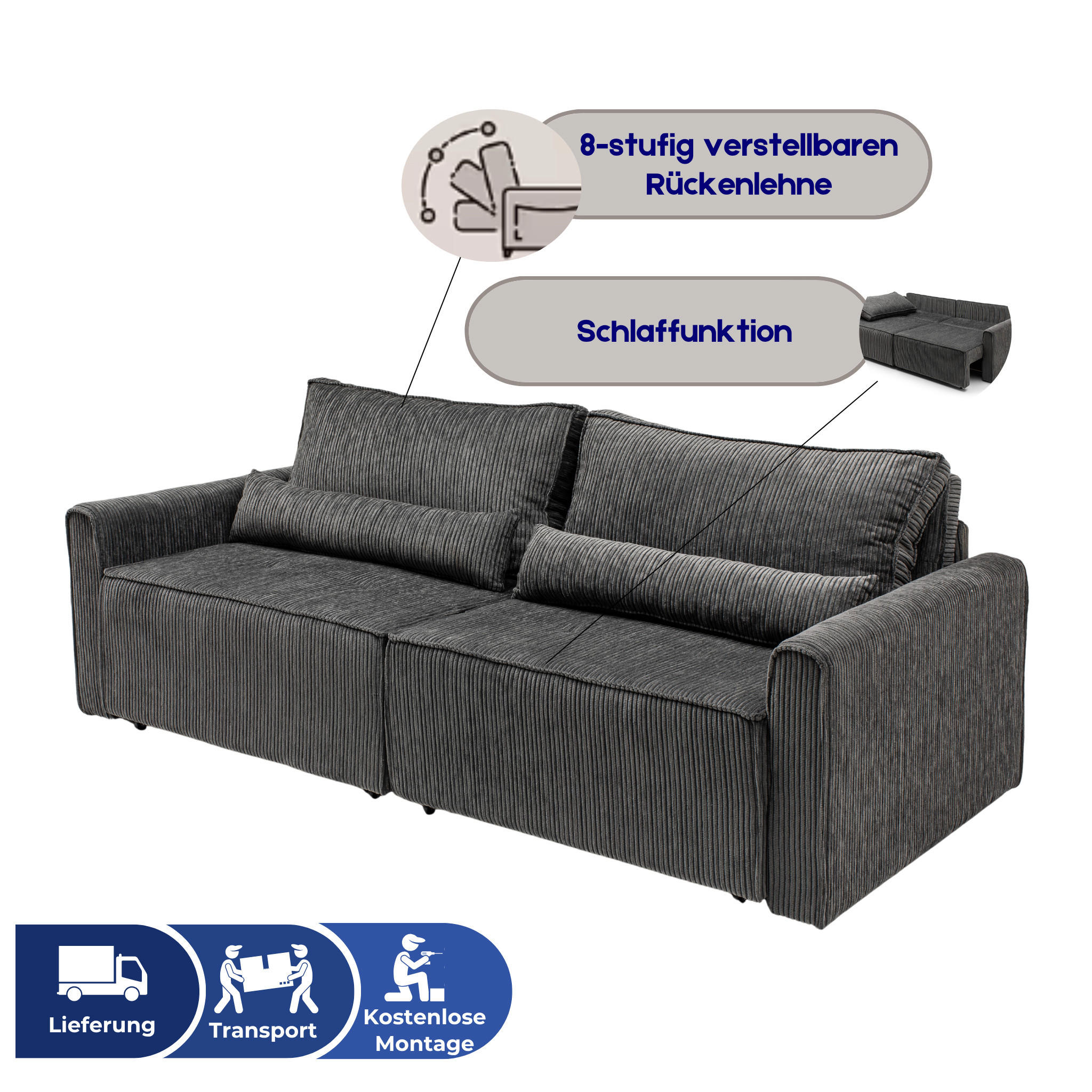 ECKSOFA mit Schlaffunktion 8 fach verstellbare Rückenlehne - Anthrazit, Holz (137/190cm) - Gowoll