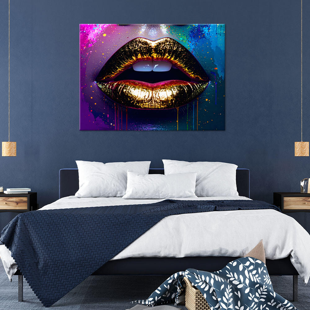 LEINWANDBILD Goldene Lippen eines Frauengesichts Abstrakt 120x80cm - Multicolor, Textil (120/80cm) - Feeby
