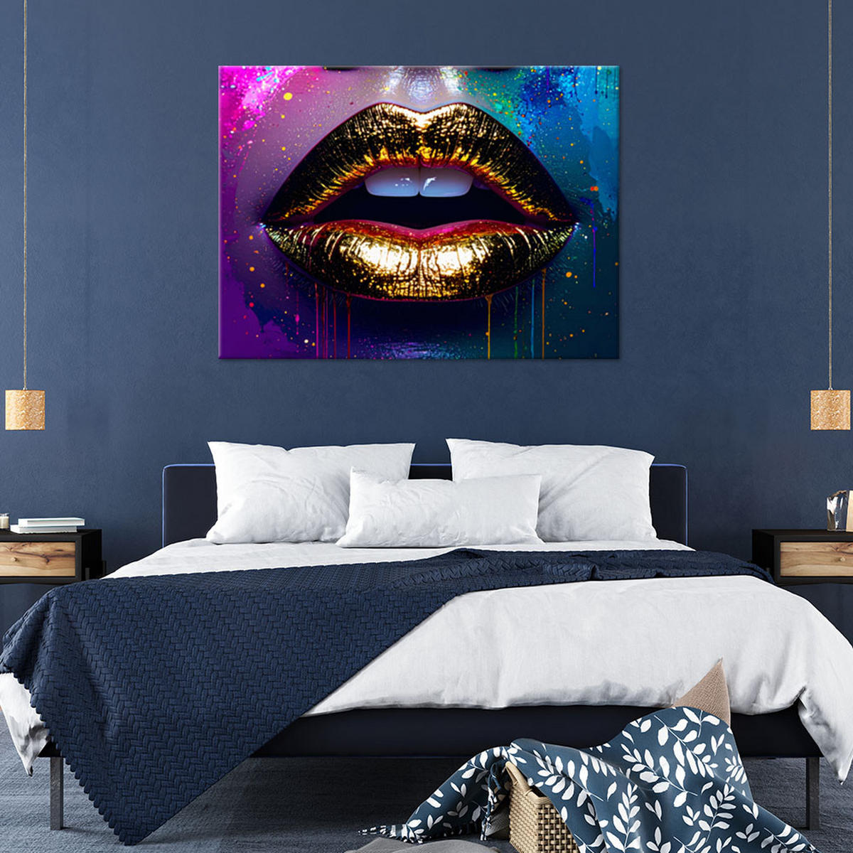 LEINWANDBILD Goldene Lippen eines Frauengesichts Abstrakt 120x80cm - Multicolor, Textil (120/80cm) - Feeby