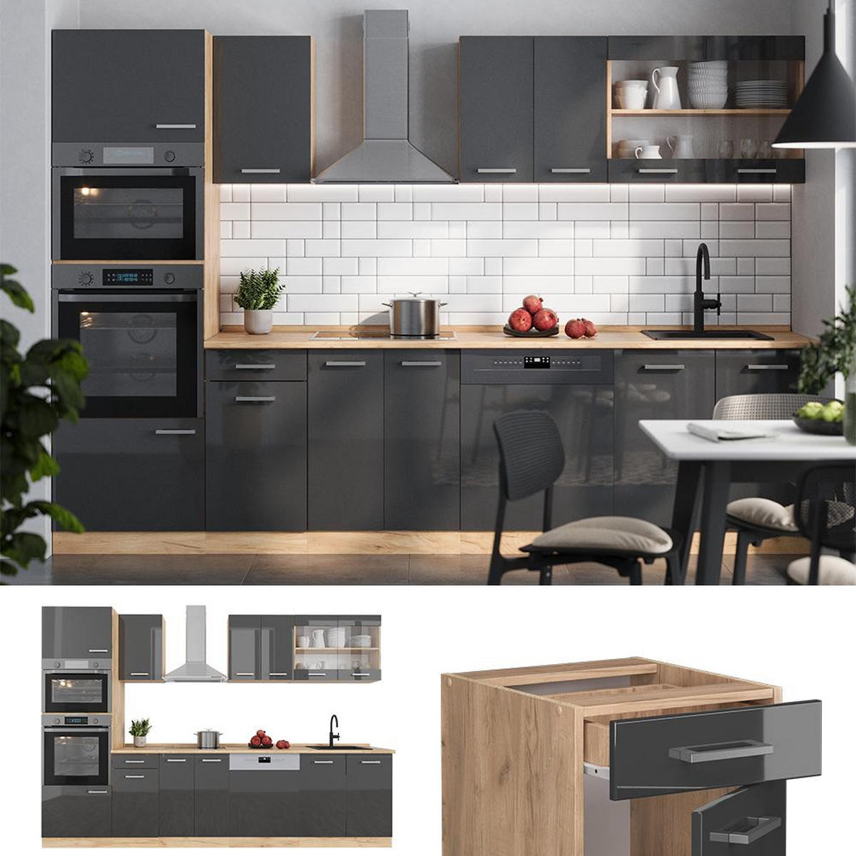 KITCHENETTE R-Line Antracit lucios/stejar Goldkraft 300 cm cu dulap înalt, marmură AP - stejar miere/negru cu luciu intens, compozit lemnos (300/206.8/60cm) - Vicco
