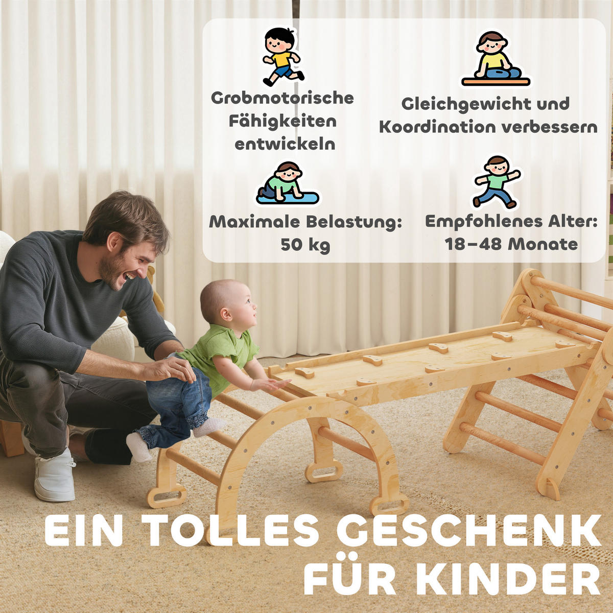 KLETTERGERÜST 7-in-1 DE-09861 Holz - Naturfarben, Holz (70/59/188cm) - ComfortXL