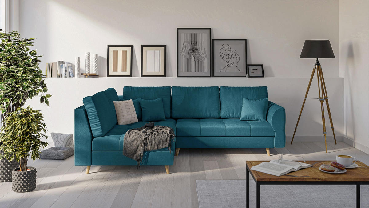 ECKSOFA MIT HOCKER Lorine Mikrofaser Blau - Blau/Hellbraun, Buchenholz/Textil (231/161cm) - S-Style Möbel