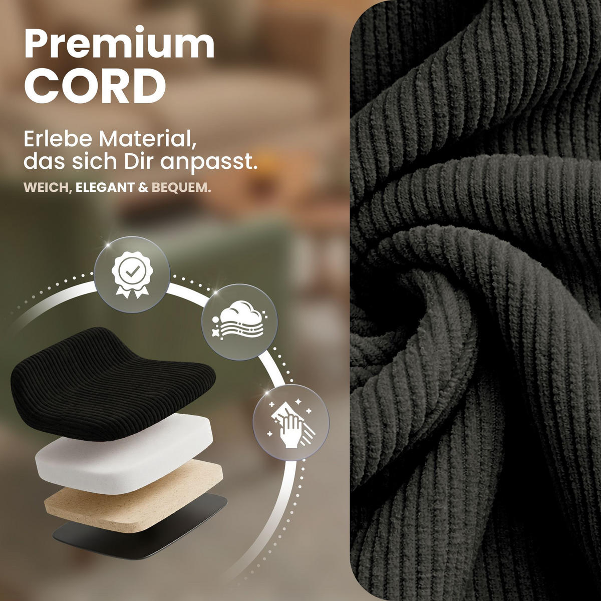 STUHL Cord Anthrazit - Eukalyptusholzfarben/Anthrazit, Holz/Textil (53/84/63cm) - CLP