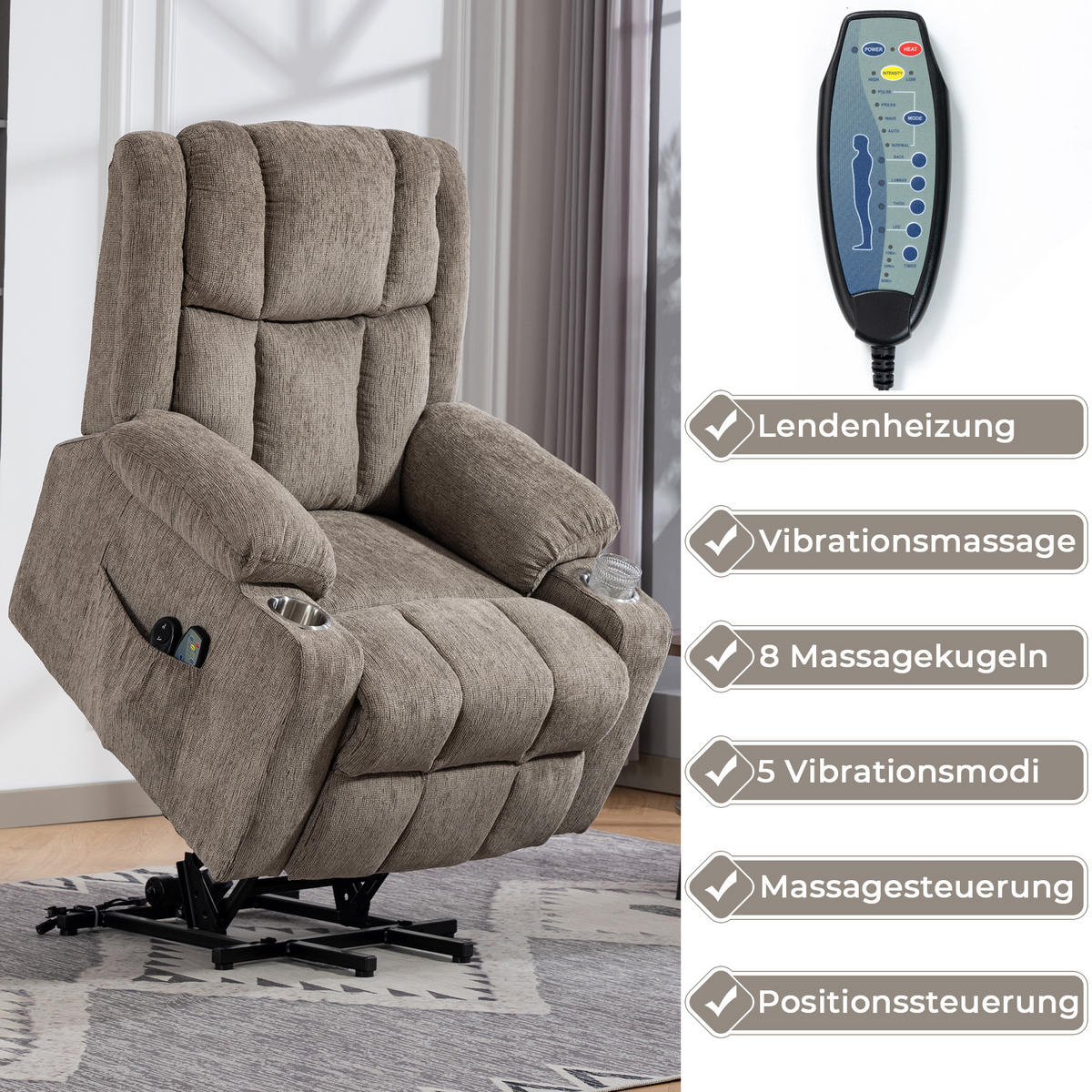 RELAXSESSEL Samt mit Aufstehhilfe, Massage, Wärmefunktion 91/84/106 cm Hellbraun - Hellbraun, Textil (84/106/91cm) - Redom