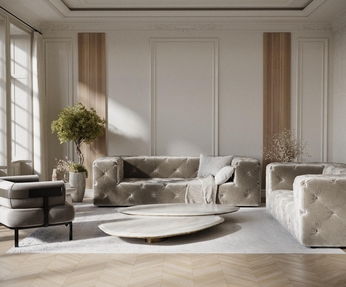 3-SITZER-SOFA Cosimo Beige Samtstoff - Beige/Schwarz, Holz/Holzwerkstoff (230/71/100cm) - Maison de Reve