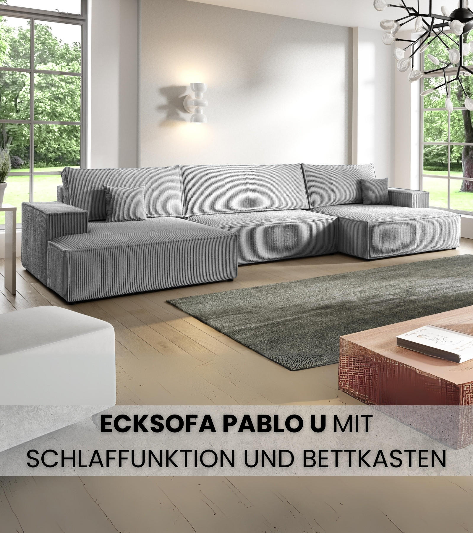WOHNLANDCHAFT Pablo U mit Schlaffunktion Hellgrau Cord - Hellgrau, Textil (398/85/148cm) - Bromarkt