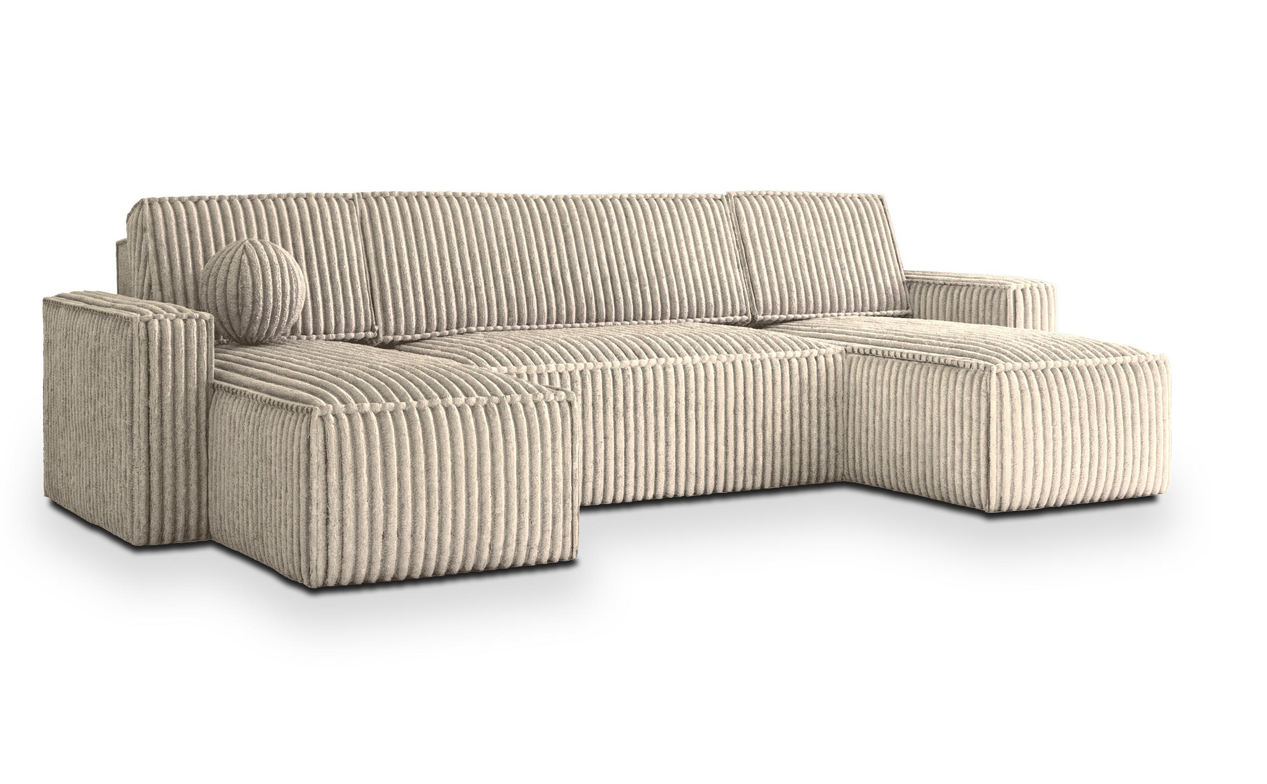 WOHNLANDSCHAFT PESANO T Creme Kordstoff mit Schlaffunktion - Creme, Holz (306/85/140cm) - MASSENO